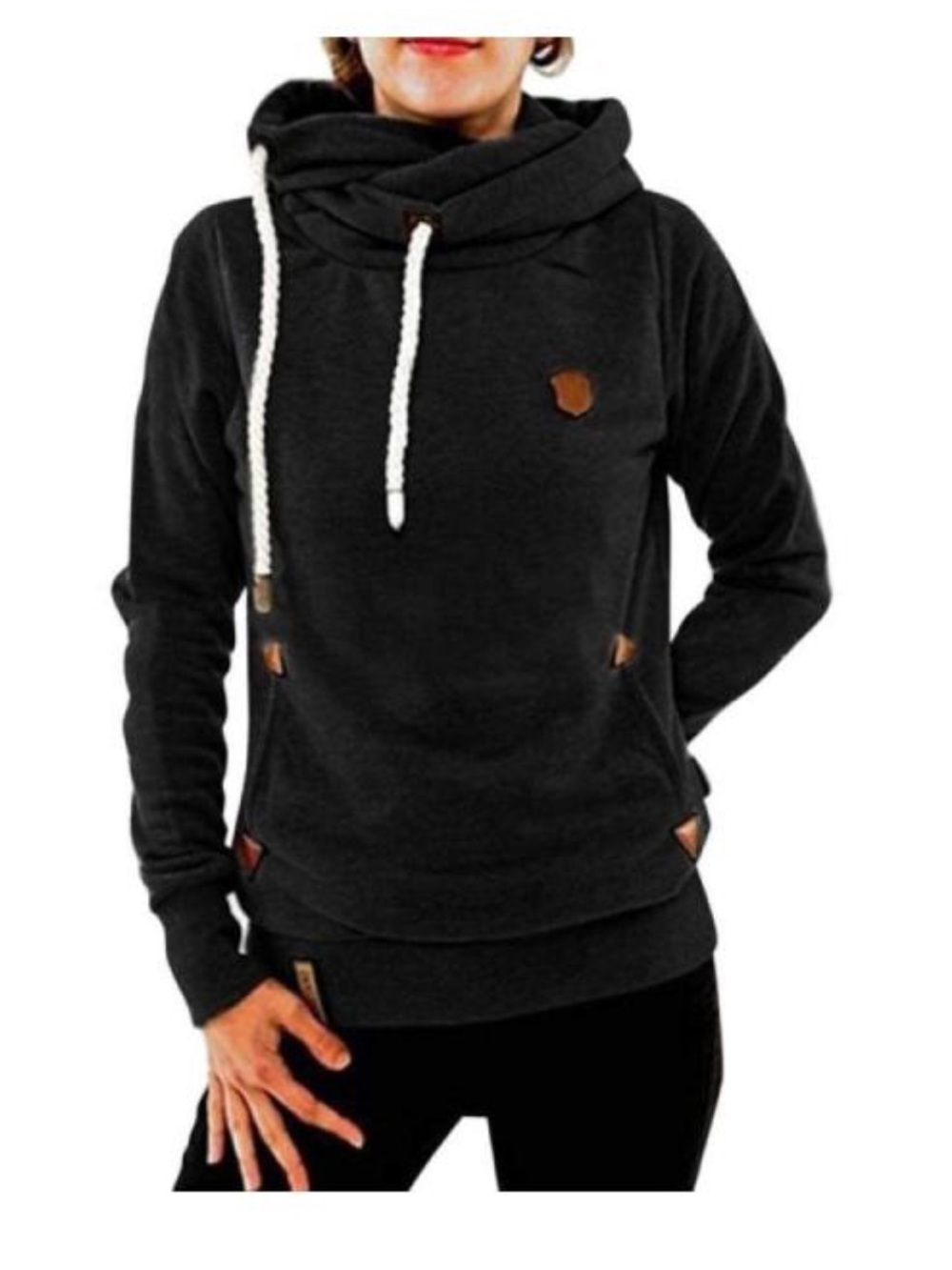 Wanakome Black Pullover Hoodie Large Cowl Neck Rope Drawstring